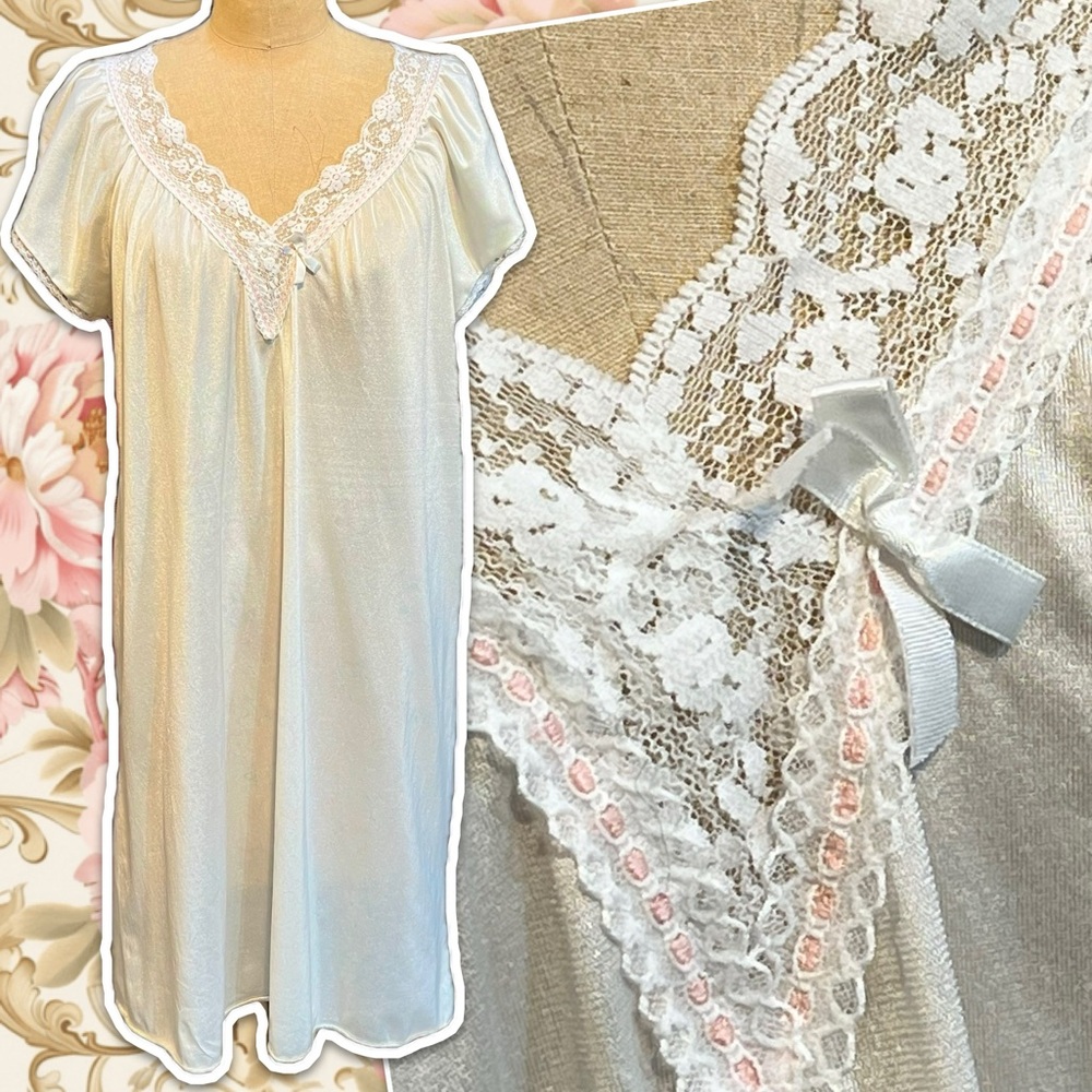 VINTAGE 70s 80s nylon nightgown flutter sleeve lace neckline trim‎ floral midi